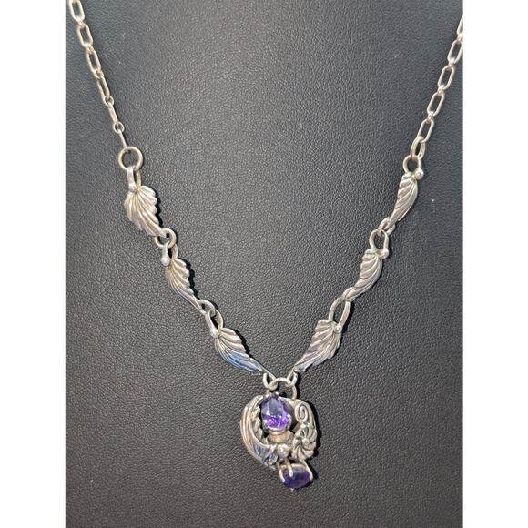 Vintage 925 Sterling Silver Purple Gemstone Leaf Flower Design 20" Necklace - Picture 3 of 15
